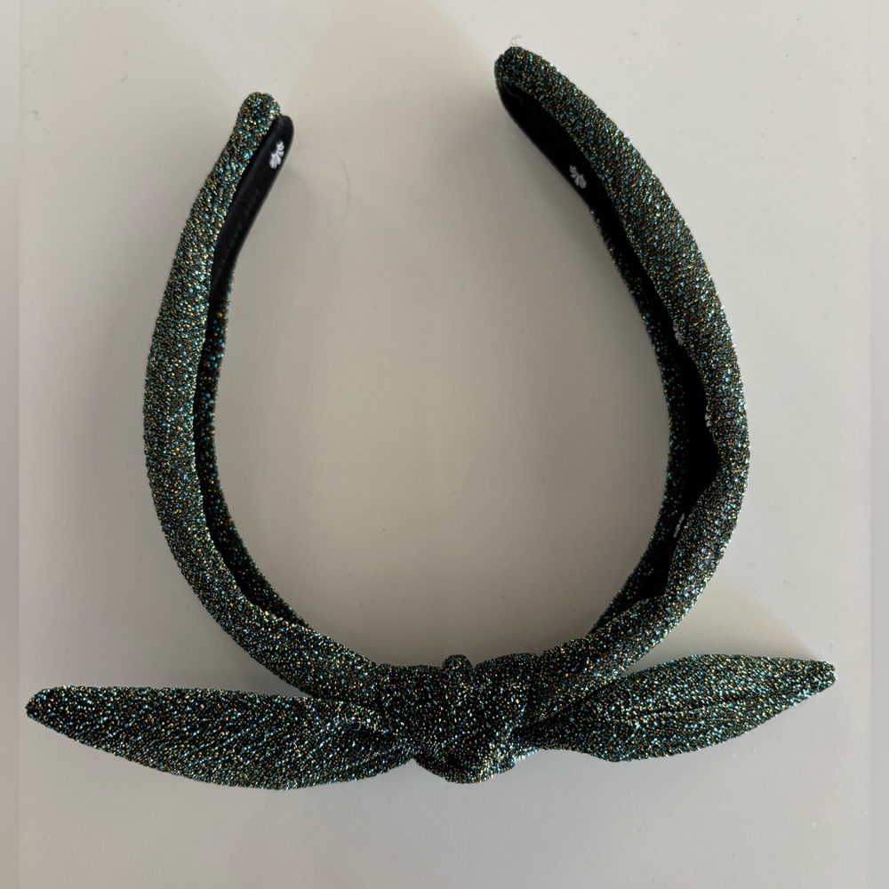Lele Sadoughi Teal/Gold Shimmer Glitter Slim Women’s Bow Headband - Picture 3 of 6